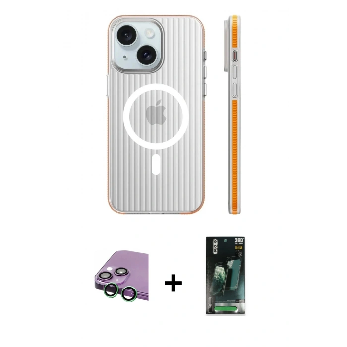 MARSİLYAN™- iPhone 15 Kılıf Pusula Minimal Koleksiyonu - Siyah 360 Mat Full Body Arka Koruyucu + Raze Metal Kamera Lens - YL