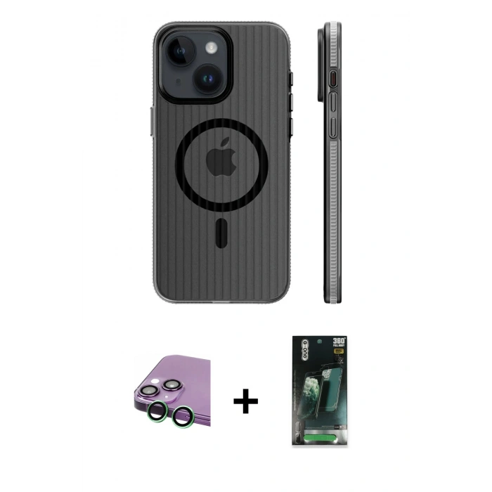 MARSİLYAN™- iPhone 15 Kılıf Pusula Minimal Koleksiyonu - Siyah 360 Mat Full Body Arka Koruyucu + Raze Metal Kamera Lens - YL