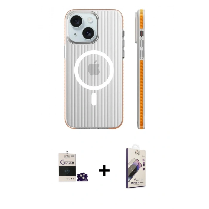 MARSİLYAN™- iPhone 15 Kılıf Pusula Minimal Koleksiyonu - Siyah Bilvis 3D Mat Cam Ekran Koruyucu + Bilvis Titan Kamera Lens - YL