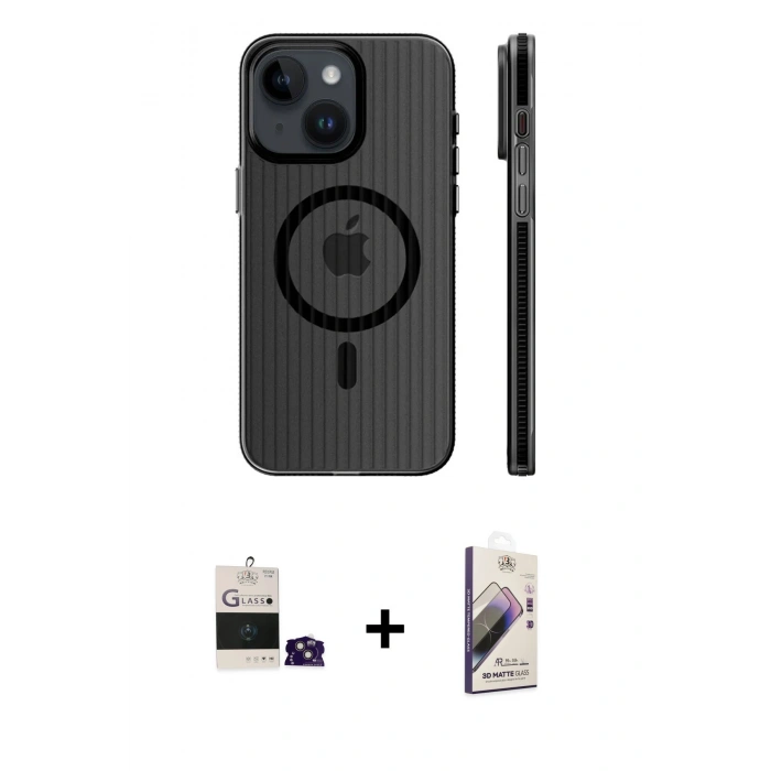 MARSİLYAN™- iPhone 15 Kılıf Pusula Minimal Koleksiyonu - Siyah Bilvis 3D Mat Cam Ekran Koruyucu + Bilvis Titan Kamera Lens - PE
