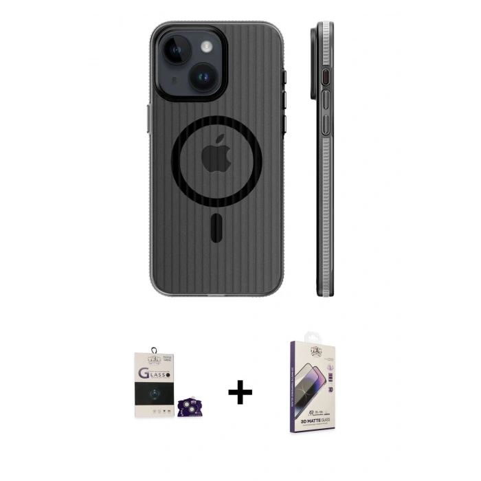 MARSİLYAN™- iPhone 15 Kılıf Pusula Minimal Koleksiyonu - Siyah Bilvis 3D Mat Cam Ekran Koruyucu + Bilvis Titan Kamera Lens - YL