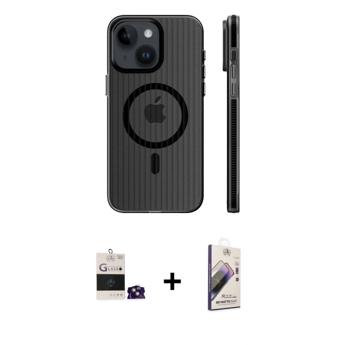 MARSİLYAN™- iPhone 15 Kılıf Pusula Minimal Koleksiyonu - Siyah Bilvis 3D Mat Cam Ekran Koruyucu + Bilvis Titan Kamera Lens - YL