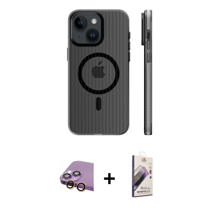 MARSİLYAN™- iPhone 15 Kılıf Pusula Minimal Koleksiyonu - Siyah Bilvis 3D Mat Cam Ekran Koruyucu + Raze Metal Kamera Lens - SI
