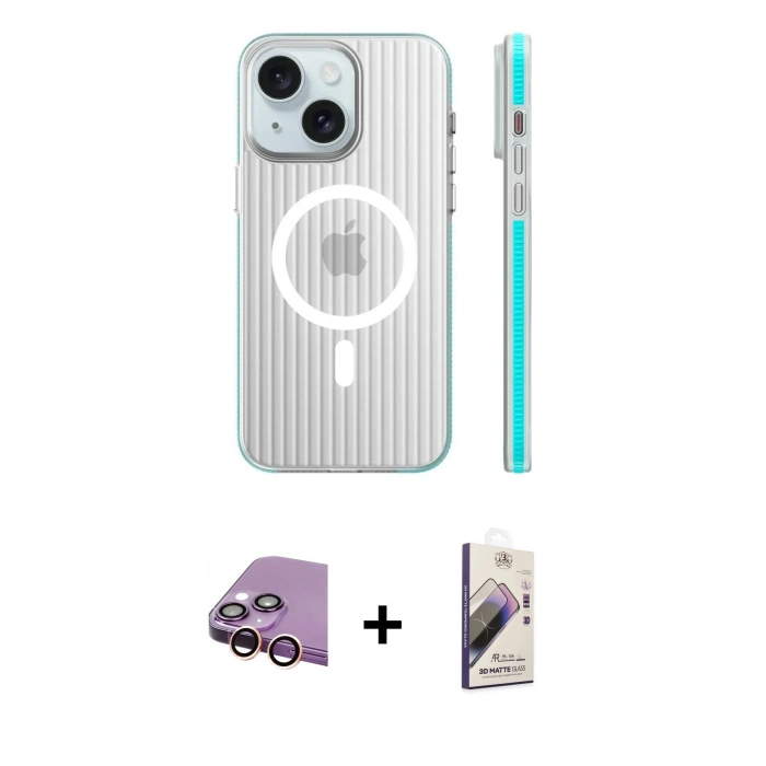 MARSİLYAN™- iPhone 15 Kılıf Pusula Minimal Koleksiyonu - Siyah Bilvis 3D Mat Cam Ekran Koruyucu + Raze Metal Kamera Lens - PE