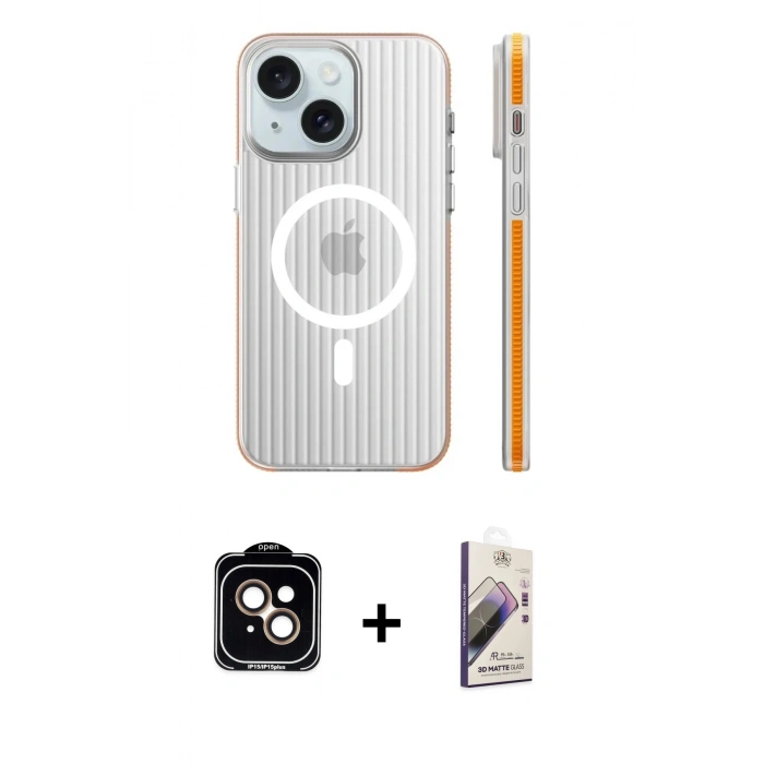 MARSİLYAN™- iPhone 15 Kılıf Pusula Minimal Koleksiyonu - Siyah Bilvis 3D Mat Cam Ekran Koruyucu + PVD Metal Kamera Lens - TU
