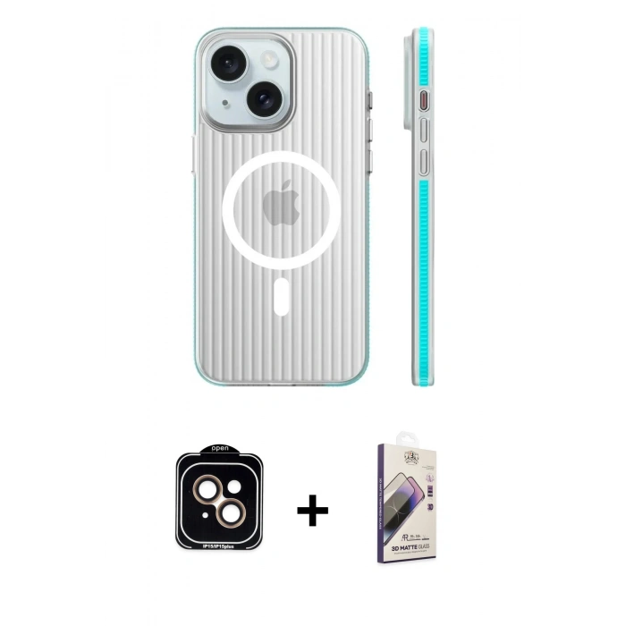 MARSİLYAN™- iPhone 15 Kılıf Pusula Minimal Koleksiyonu - Siyah Bilvis 3D Mat Cam Ekran Koruyucu + PVD Metal Kamera Lens - TU
