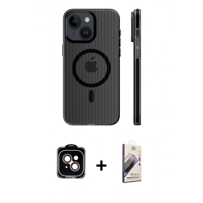 MARSİLYAN™- iPhone 15 Kılıf Pusula Minimal Koleksiyonu - Siyah Bilvis 3D Mat Cam Ekran Koruyucu + PVD Metal Kamera Lens - TU