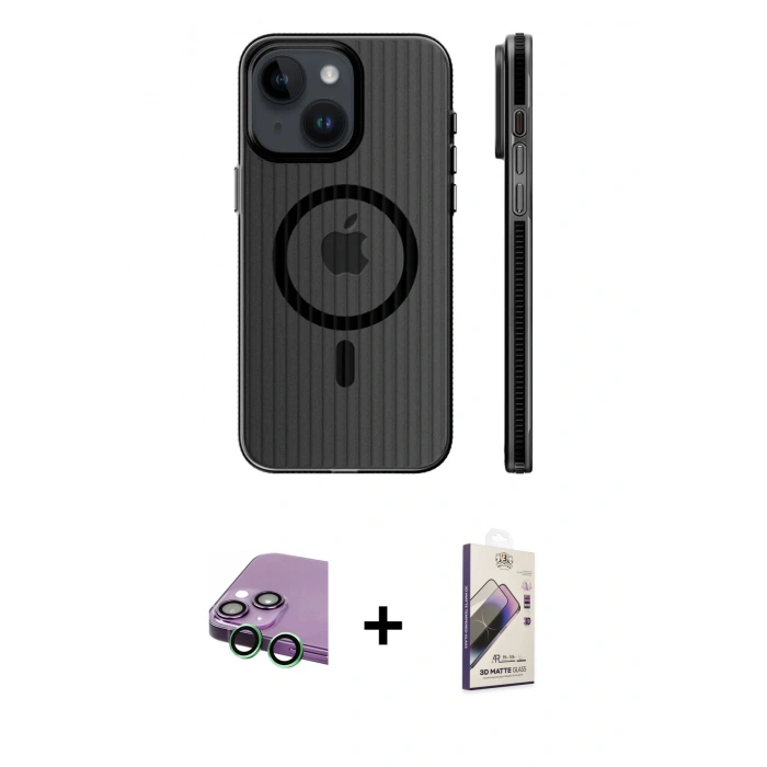 MARSİLYAN™- iPhone 15 Kılıf Pusula Minimal Koleksiyonu - Siyah Bilvis 3D Mat Cam Ekran Koruyucu + Raze Metal Kamera Lens - YL