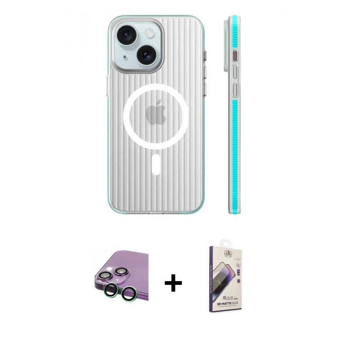 MARSİLYAN™- iPhone 15 Kılıf Pusula Minimal Koleksiyonu - Siyah Bilvis 3D Mat Cam Ekran Koruyucu + Raze Metal Kamera Lens - YL