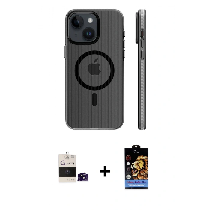 MARSİLYAN™- iPhone 15 Kılıf Pusula Minimal Koleksiyonu - Siyah Buffer Hayalet Cam Ekran Koruyucu + Bilvis Titan Kamera Lens - SH
