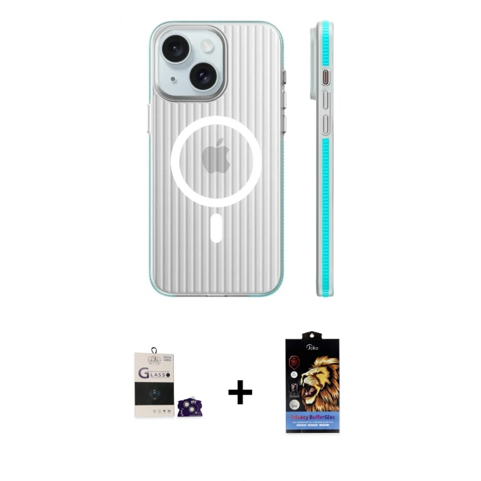 MARSİLYAN™- iPhone 15 Kılıf Pusula Minimal Koleksiyonu - Siyah Buffer Hayalet Cam Ekran Koruyucu + Bilvis Titan Kamera Lens - YL