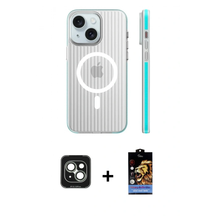 MARSİLYAN™- iPhone 15 Kılıf Pusula Minimal Koleksiyonu - Siyah Buffer Hayalet Cam Ekran Koruyucu + PVD Metal Kamera Lens - YL