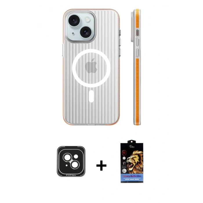 MARSİLYAN™- iPhone 15 Kılıf Pusula Minimal Koleksiyonu - Siyah Buffer Hayalet Cam Ekran Koruyucu + PVD Metal Kamera Lens - YL