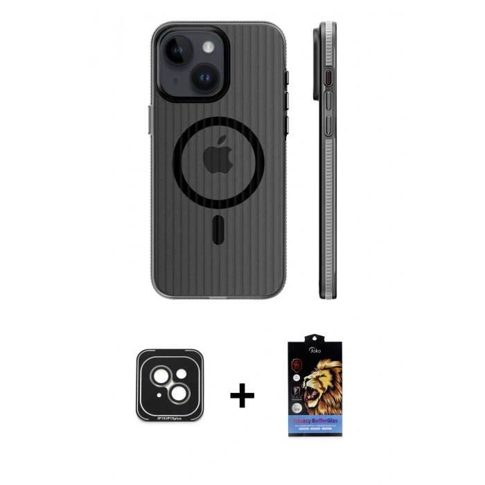 MARSİLYAN™- iPhone 15 Kılıf Pusula Minimal Koleksiyonu - Siyah Buffer Hayalet Cam Ekran Koruyucu + PVD Metal Kamera Lens - YL