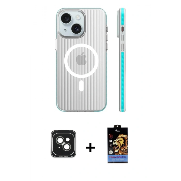 MARSİLYAN™- iPhone 15 Kılıf Pusula Minimal Koleksiyonu - Siyah Buffer Hayalet Cam Ekran Koruyucu + PVD Metal Kamera Lens - YL