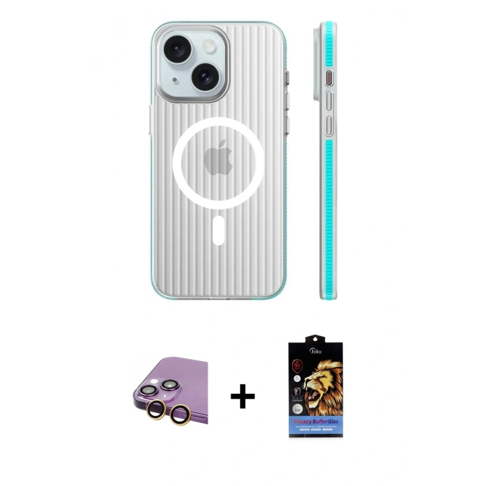 MARSİLYAN™- iPhone 15 Kılıf Pusula Minimal Koleksiyonu - Siyah Buffer Hayalet Cam Ekran Koruyucu + Raze Metal Kamera Lens - SI