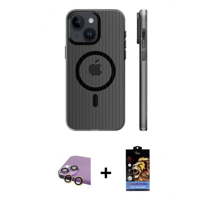 MARSİLYAN™- iPhone 15 Kılıf Pusula Minimal Koleksiyonu - Siyah Buffer Hayalet Cam Ekran Koruyucu + Raze Metal Kamera Lens - SI