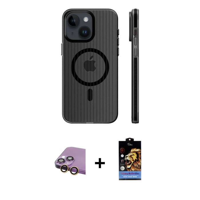 MARSİLYAN™- iPhone 15 Kılıf Pusula Minimal Koleksiyonu - Siyah Buffer Hayalet Cam Ekran Koruyucu + Raze Metal Kamera Lens - SI