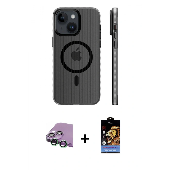 MARSİLYAN™- iPhone 15 Kılıf Pusula Minimal Koleksiyonu - Siyah Buffer Hayalet Cam Ekran Koruyucu + Raze Metal Kamera Lens - YL