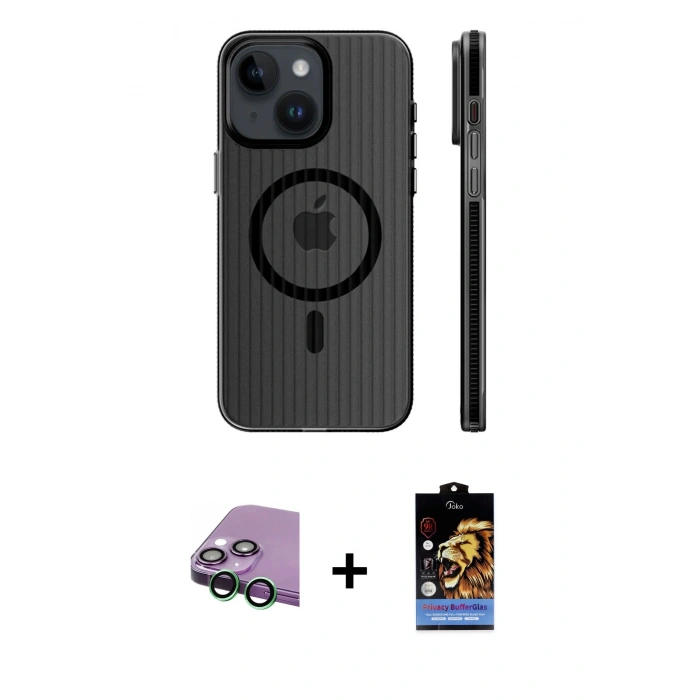 MARSİLYAN™- iPhone 15 Kılıf Pusula Minimal Koleksiyonu - Siyah Buffer Hayalet Cam Ekran Koruyucu + Raze Metal Kamera Lens - YL