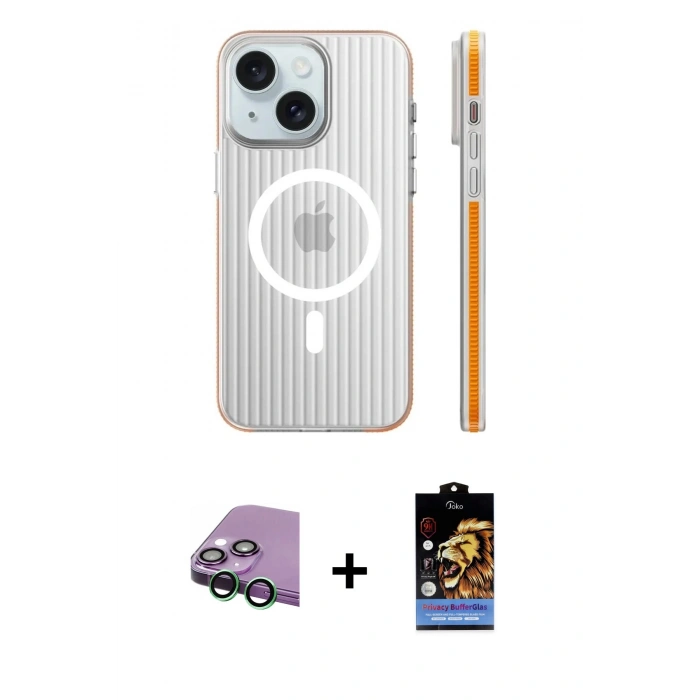 MARSİLYAN™- iPhone 15 Kılıf Pusula Minimal Koleksiyonu - Siyah Buffer Hayalet Cam Ekran Koruyucu + Raze Metal Kamera Lens - YL