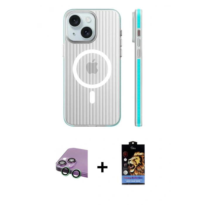 MARSİLYAN™- iPhone 15 Kılıf Pusula Minimal Koleksiyonu - Siyah Buffer Hayalet Cam Ekran Koruyucu + Raze Metal Kamera Lens - YL