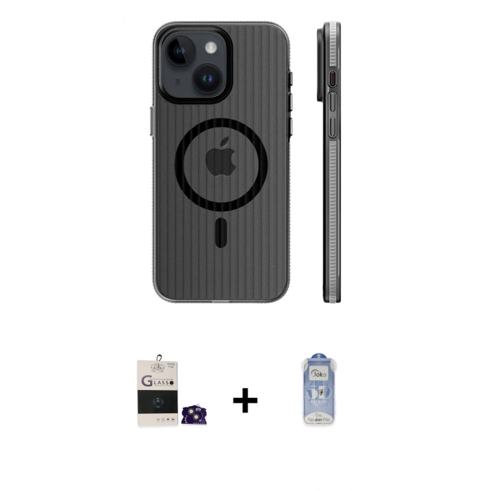 MARSİLYAN™- iPhone 15 Kılıf Pusula Minimal Koleksiyonu - Siyah Joko Magic 5D Cam + Bilvis Titan Kamera Lens - PE