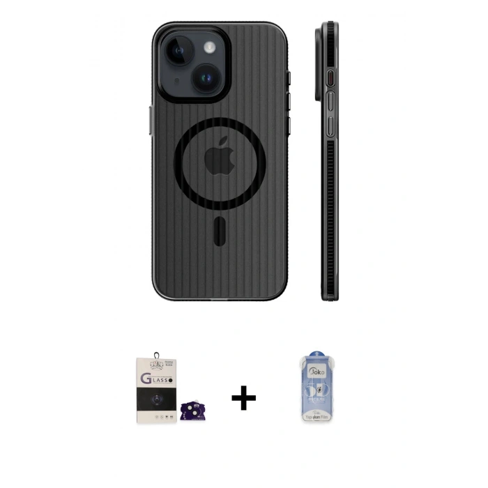 MARSİLYAN™- iPhone 15 Kılıf Pusula Minimal Koleksiyonu - Siyah Joko Magic 5D Cam + Bilvis Titan Kamera Lens - SH