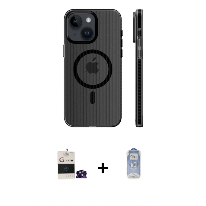 MARSİLYAN™- iPhone 15 Kılıf Pusula Minimal Koleksiyonu - Siyah Joko Magic 5D Cam + Bilvis Titan Kamera Lens - PE