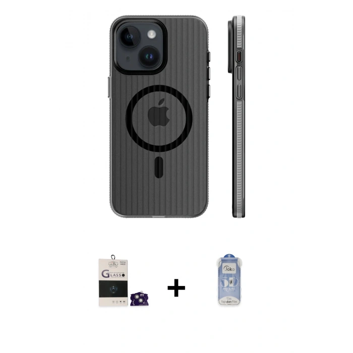 MARSİLYAN™- iPhone 15 Kılıf Pusula Minimal Koleksiyonu - Siyah Joko Magic 5D Cam + Bilvis Titan Kamera Lens - YL