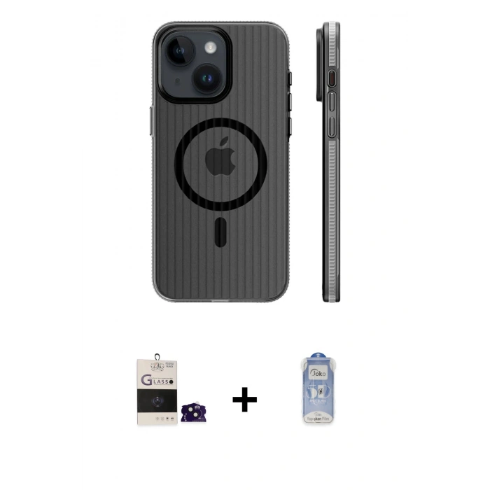 MARSİLYAN™- iPhone 15 Kılıf Pusula Minimal Koleksiyonu - Siyah Joko Magic 5D Cam + Bilvis Titan Kamera Lens - SH