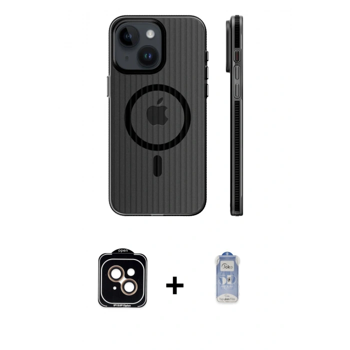 MARSİLYAN™- iPhone 15 Kılıf Pusula Minimal Koleksiyonu - Siyah Joko Magic 5D Cam + PVD Metal Kamera Lens - TU