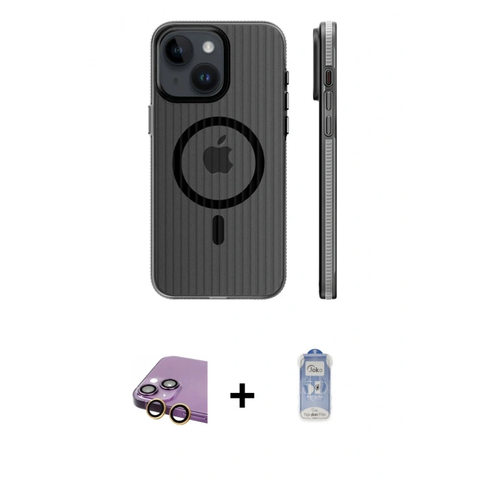 MARSİLYAN™- iPhone 15 Kılıf Pusula Minimal Koleksiyonu - Siyah Joko Magic 5D Cam + Sarı Raze Metal Kamera Lens