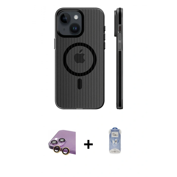 MARSİLYAN™- iPhone 15 Kılıf Pusula Minimal Koleksiyonu - Siyah Joko Magic 5D Cam + Sarı Raze Metal Kamera Lens