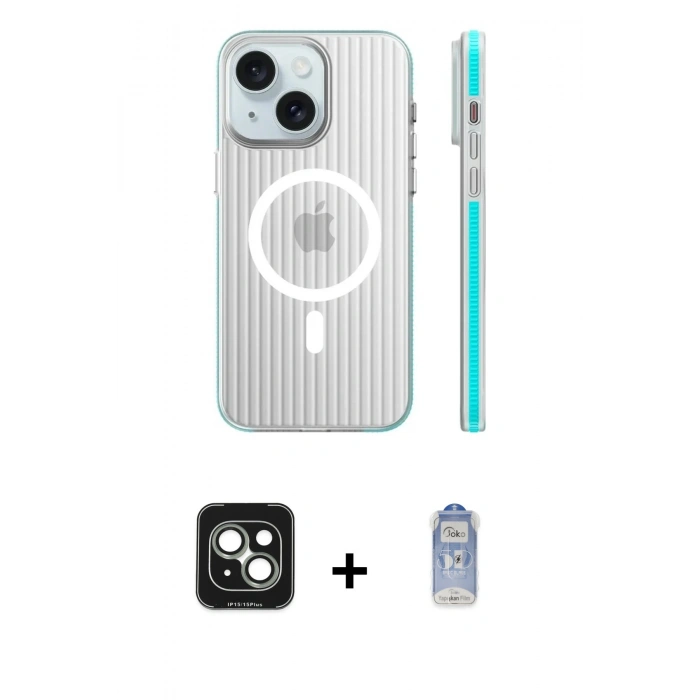 MARSİLYAN™- iPhone 15 Kılıf Pusula Minimal Koleksiyonu - Siyah Joko Magic 5D Cam + Yeşil PVD Metal Kamera Lens