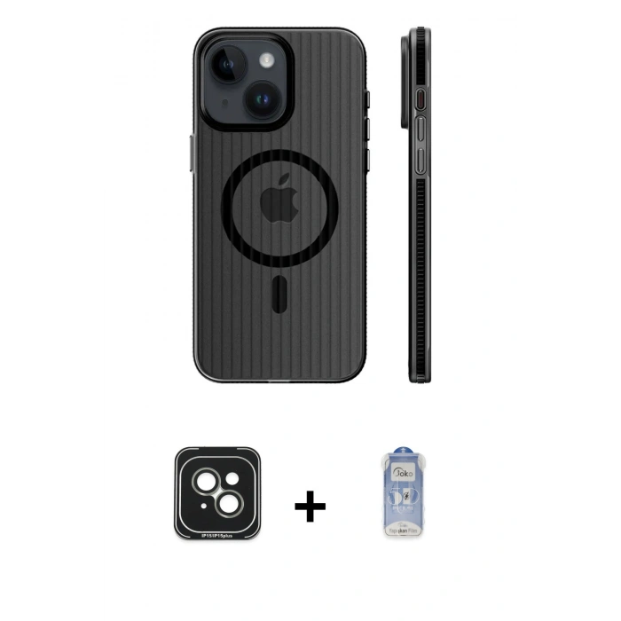 MARSİLYAN™- iPhone 15 Kılıf Pusula Minimal Koleksiyonu - Siyah Joko Magic 5D Cam + PVD Metal Kamera Lens - YL