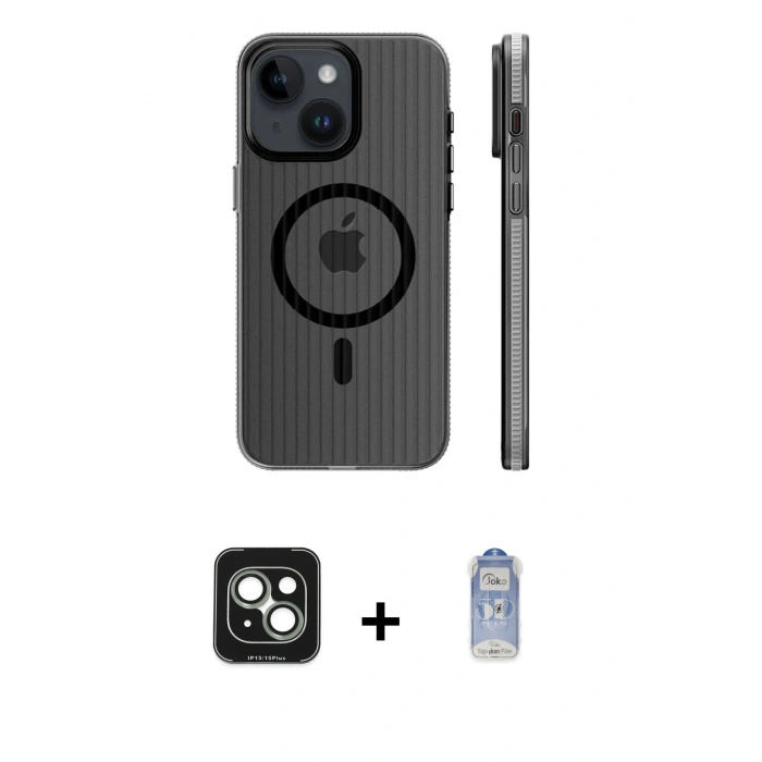 MARSİLYAN™- iPhone 15 Kılıf Pusula Minimal Koleksiyonu - Siyah Joko Magic 5D Cam + Yeşil PVD Metal Kamera Lens