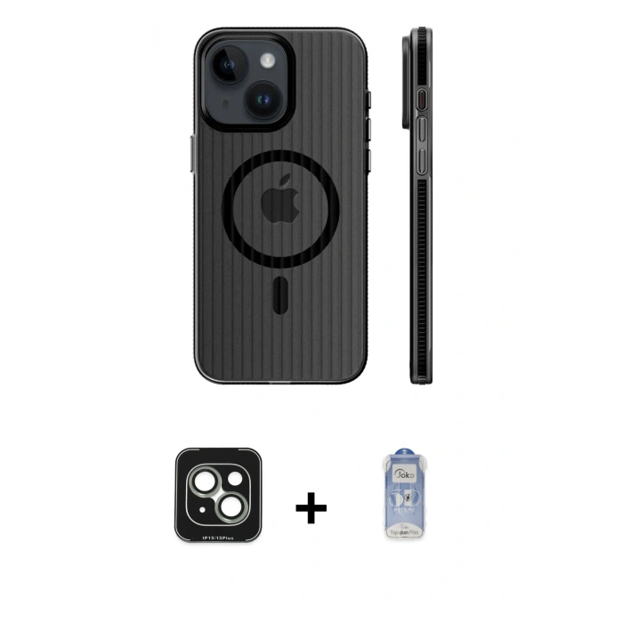 MARSİLYAN™- iPhone 15 Kılıf Pusula Minimal Koleksiyonu - Siyah Joko Magic 5D Cam + Yeşil PVD Metal Kamera Lens