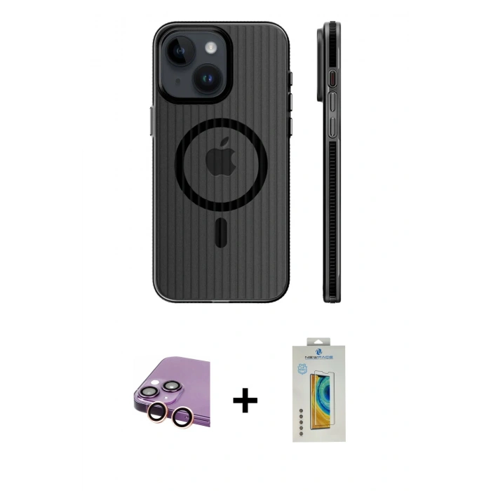 MARSİLYAN™- iPhone 15 Kılıf Pusula Minimal Koleksiyonu - Siyah Polymer Nano Ekran Koruyucu + Pembe Raze Metal Kamera Lens