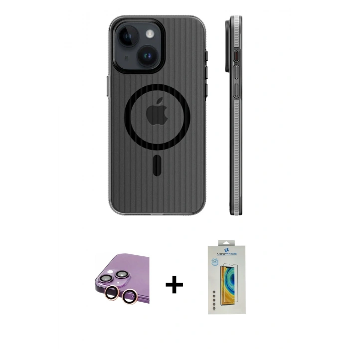 MARSİLYAN™- iPhone 15 Kılıf Pusula Minimal Koleksiyonu - Siyah Polymer Nano Ekran Koruyucu + Pembe Raze Metal Kamera Lens