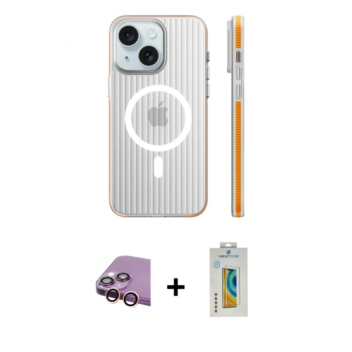 MARSİLYAN™- iPhone 15 Kılıf Pusula Minimal Koleksiyonu - Siyah Polymer Nano Ekran Koruyucu + Pembe Raze Metal Kamera Lens