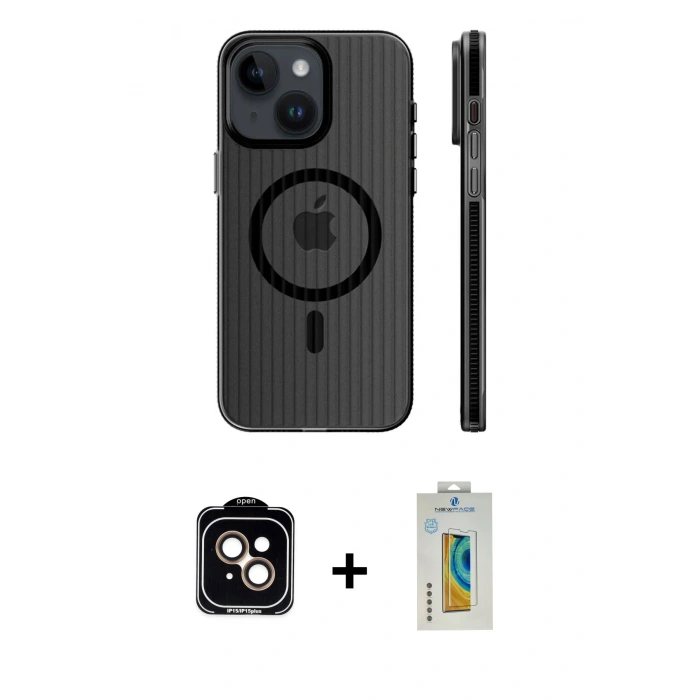 MARSİLYAN™- iPhone 15 Kılıf Pusula Minimal Koleksiyonu - Siyah Polymer Nano Ekran Koruyucu + PVD Metal Kamera Lens - TU