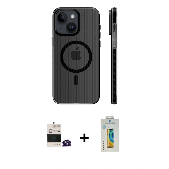 MARSİLYAN™- iPhone 15 Kılıf Pusula Minimal Koleksiyonu - Siyah Polymer Nano Ekran Koruyucu + Bilvis Titan Kamera Lens - YL