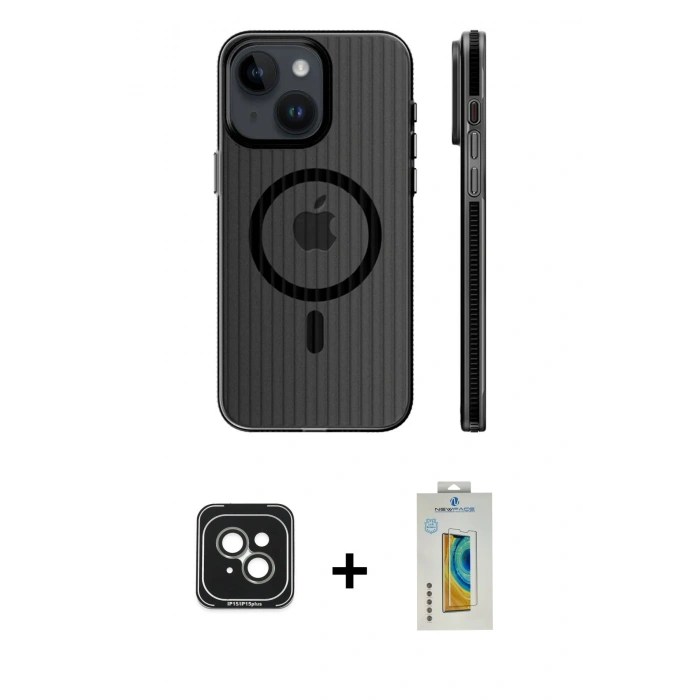 MARSİLYAN™- iPhone 15 Kılıf Pusula Minimal Koleksiyonu - Siyah Polymer Nano Ekran Koruyucu + PVD Metal Kamera Lens - YL
