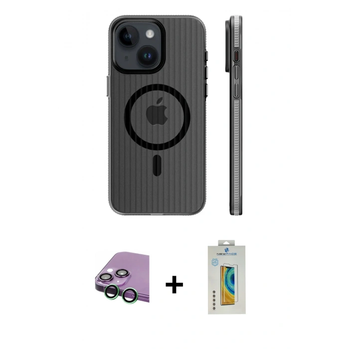 MARSİLYAN™- iPhone 15 Kılıf Pusula Minimal Koleksiyonu - Siyah Polymer Nano Ekran Koruyucu + Raze Metal Kamera Lens - YL