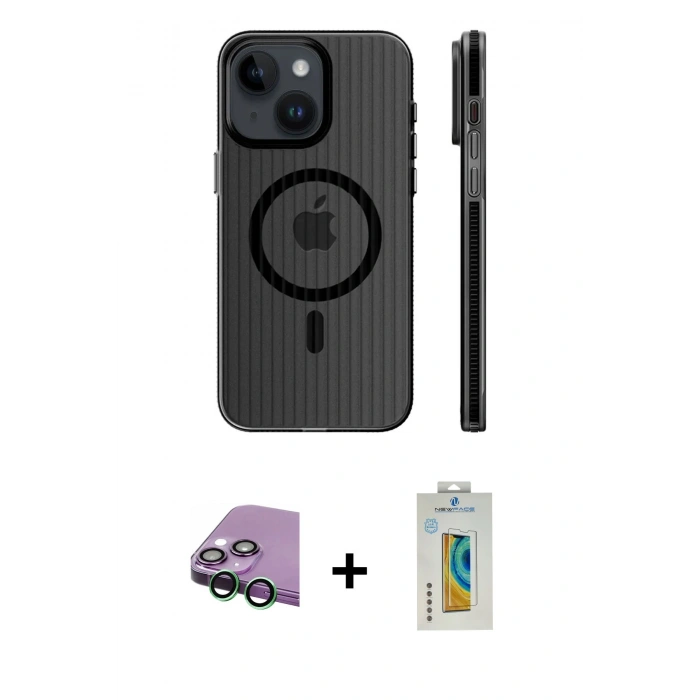 MARSİLYAN™- iPhone 15 Kılıf Pusula Minimal Koleksiyonu - Siyah Polymer Nano Ekran Koruyucu + Raze Metal Kamera Lens - YL