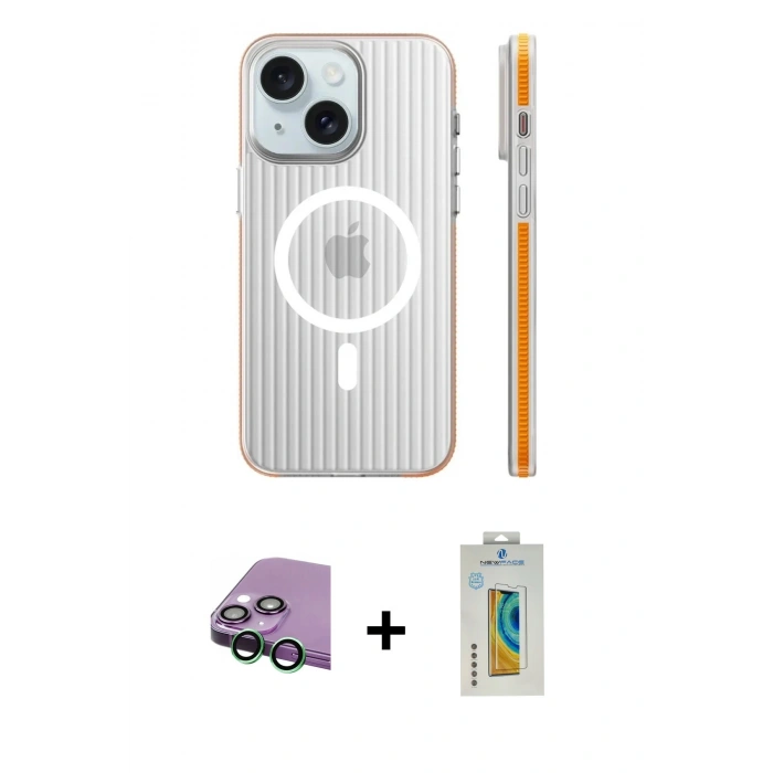 MARSİLYAN™- iPhone 15 Kılıf Pusula Minimal Koleksiyonu - Siyah Polymer Nano Ekran Koruyucu + Raze Metal Kamera Lens - YL
