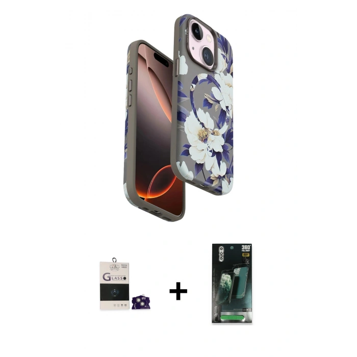 MARSİLYAN™- iPhone 15 Kılıf Siluet Doku - Şeffaf 360 Full Body Arka Koruyucu + Bilvis Titan Kamera Lens - YL