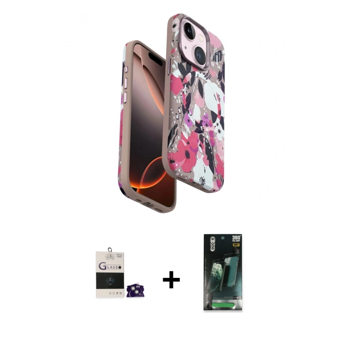MARSİLYAN™- iPhone 15 Kılıf Siluet Doku - Şeffaf 360 Full Body Arka Koruyucu + Bilvis Titan Kamera Lens - YL