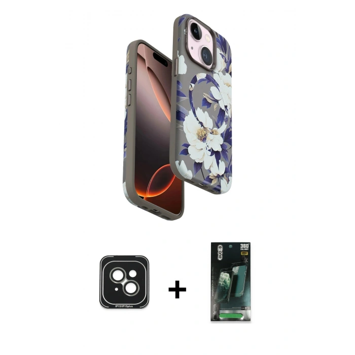 MARSİLYAN™- iPhone 15 Kılıf Siluet Doku - Şeffaf 360 Full Body Arka Koruyucu + PVD Metal Kamera Lens - YL
